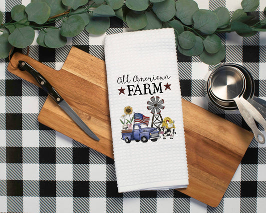 Farm 4th July Towel, Patriotic Blue Pickup Truck Flag Decor