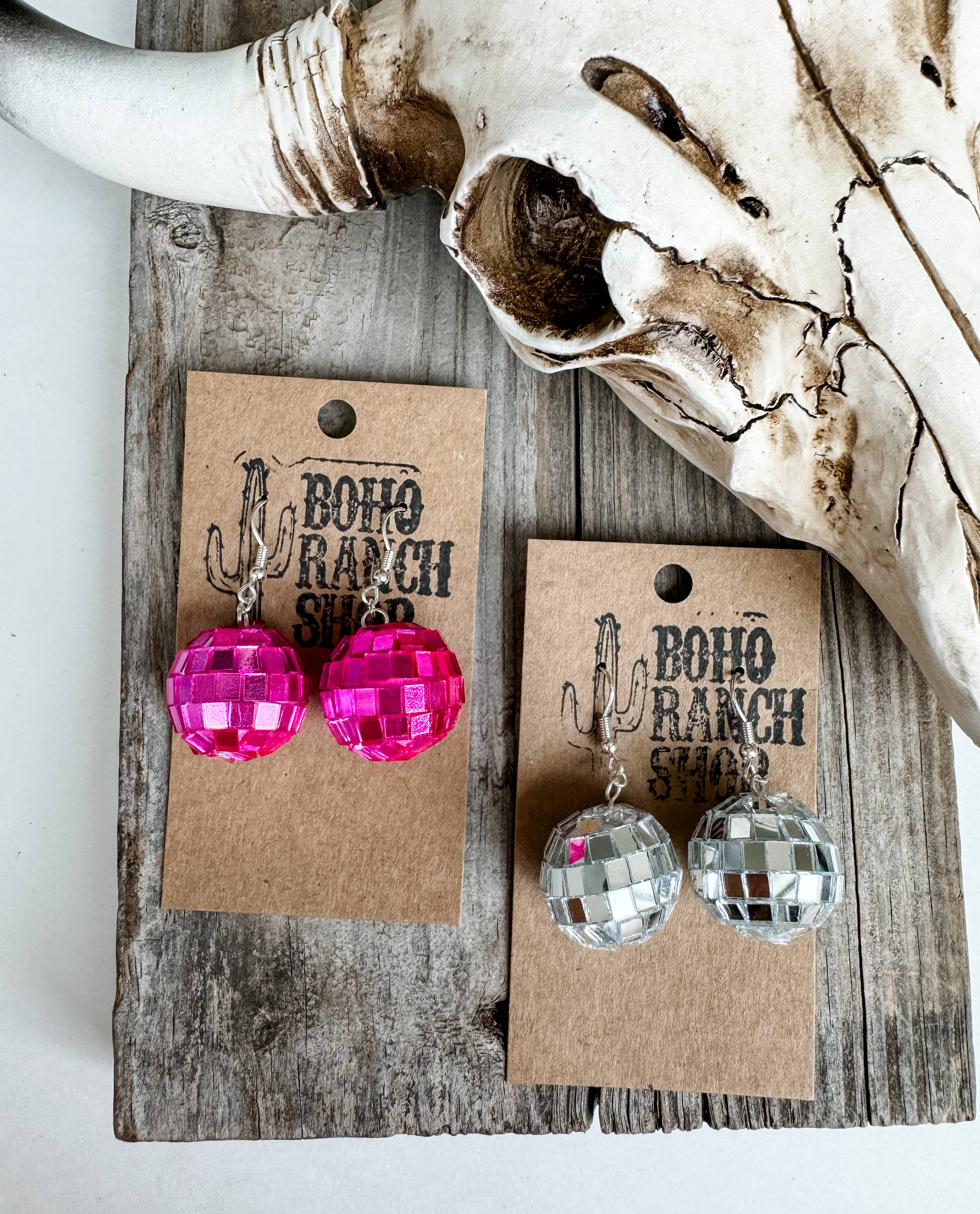 WESTERN DISCO BALL Mirror Dangle Earrings - pink or silver