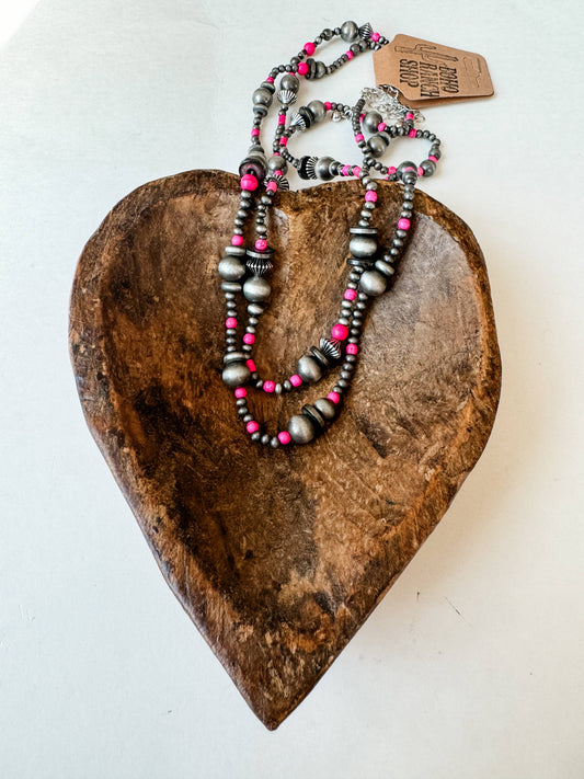 2 Layered Navajo Style Pearl and Bead Necklace