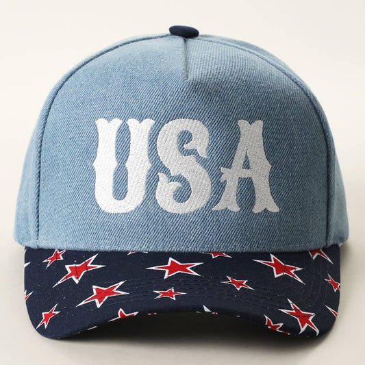 USA Embroidered Denim with Star Print Brim Trucker Hat