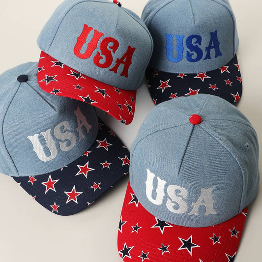 USA Embroidered Denim with Star Print Brim Trucker Hat