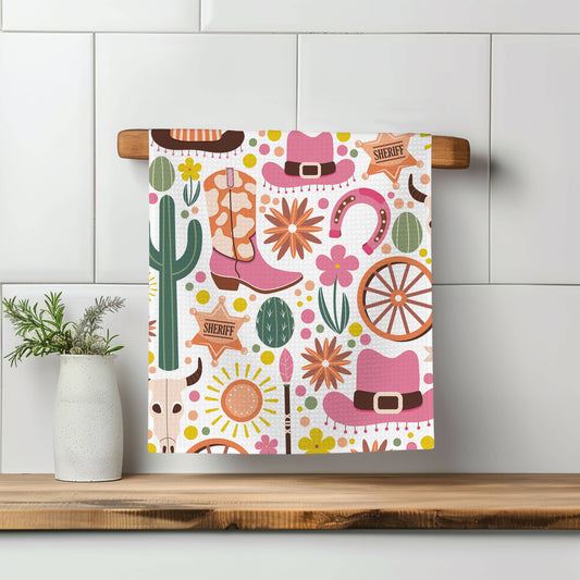 Retro Western Cactus Cowboy Cowgirl Kitchen Towel Waffle