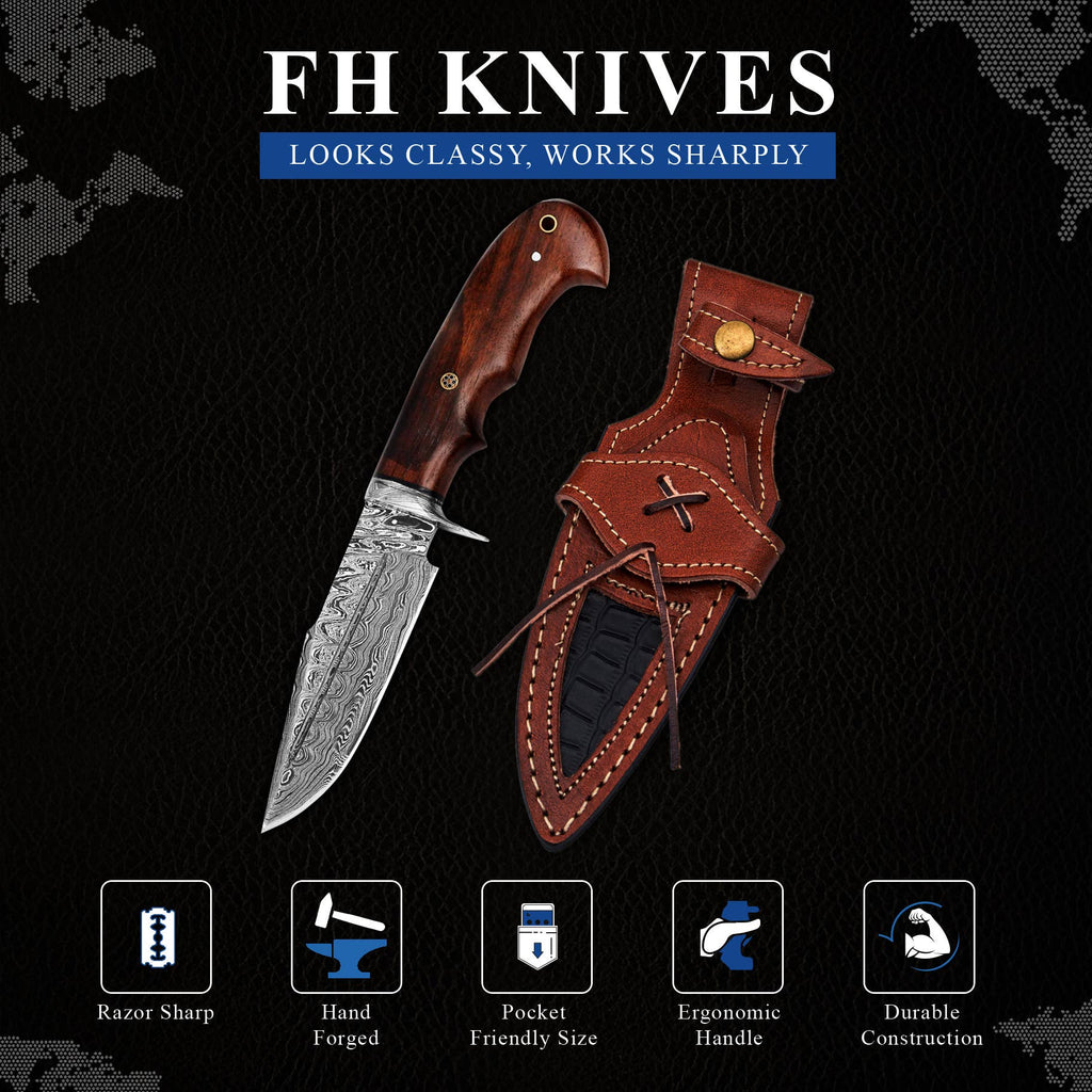 FH KNIVES - 10' Handmade damascus steel knife with leather sheath