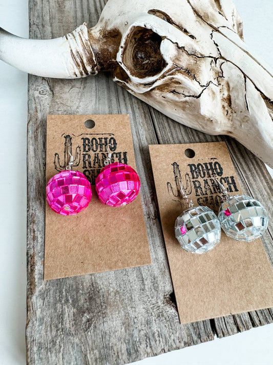 WESTERN DISCO BALL Mirror Dangle Earrings - pink or silver