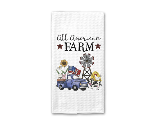 Farm 4th July Towel, Patriotic Blue Pickup Truck Flag Decor
