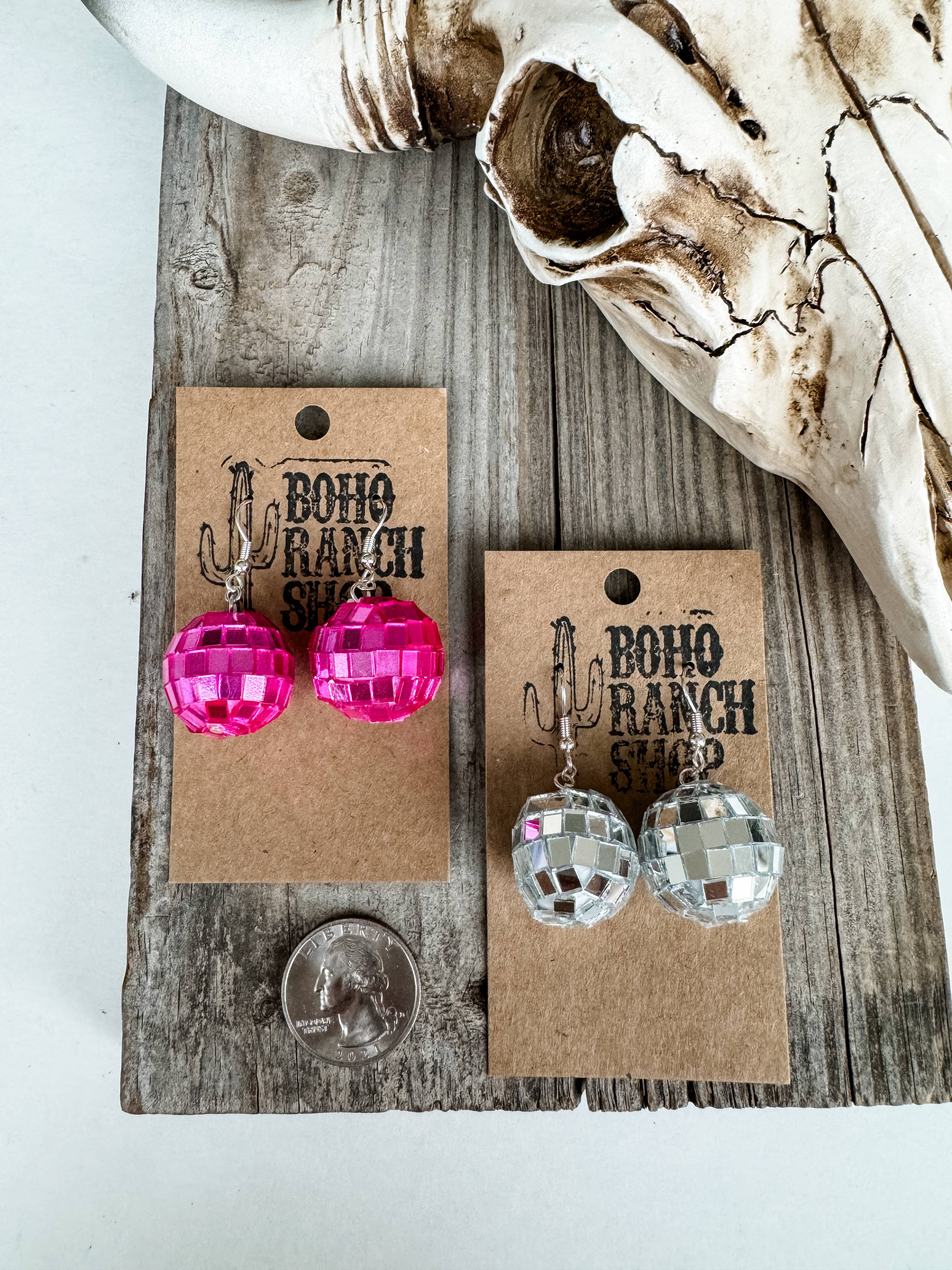 WESTERN DISCO BALL Mirror Dangle Earrings - pink or silver