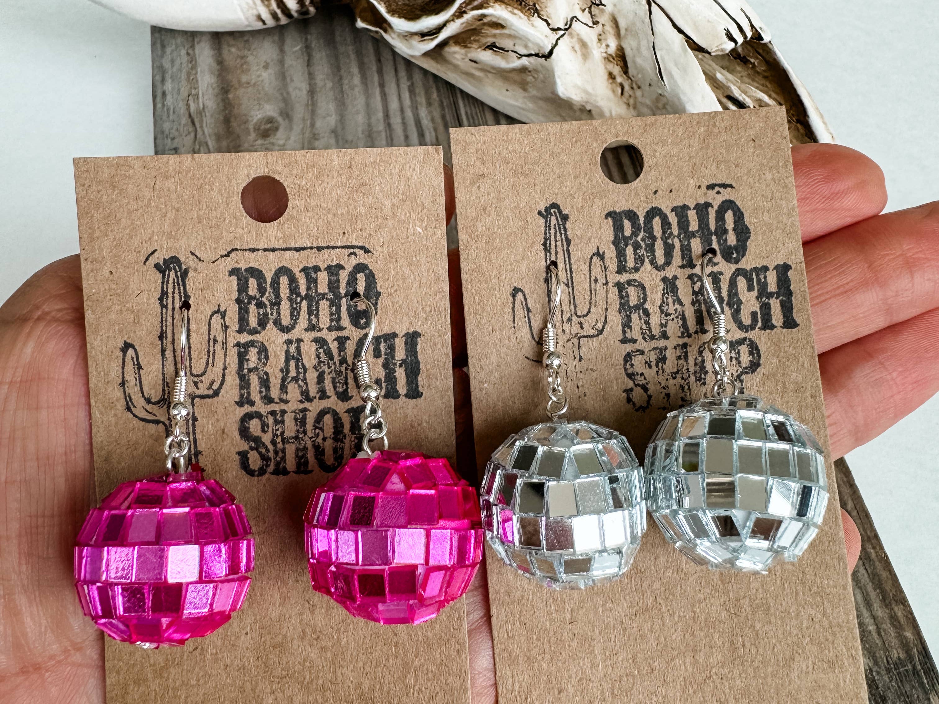 WESTERN DISCO BALL Mirror Dangle Earrings - pink or silver