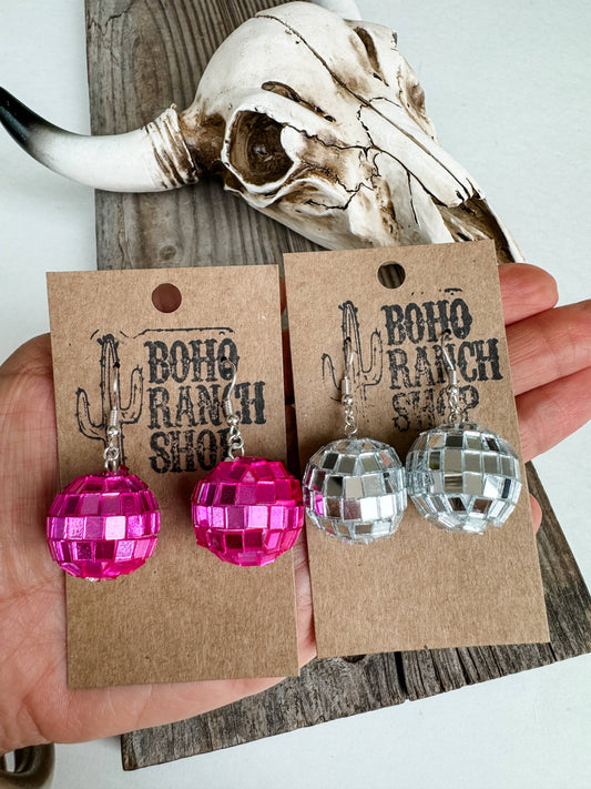 WESTERN DISCO BALL Mirror Dangle Earrings - pink or silver