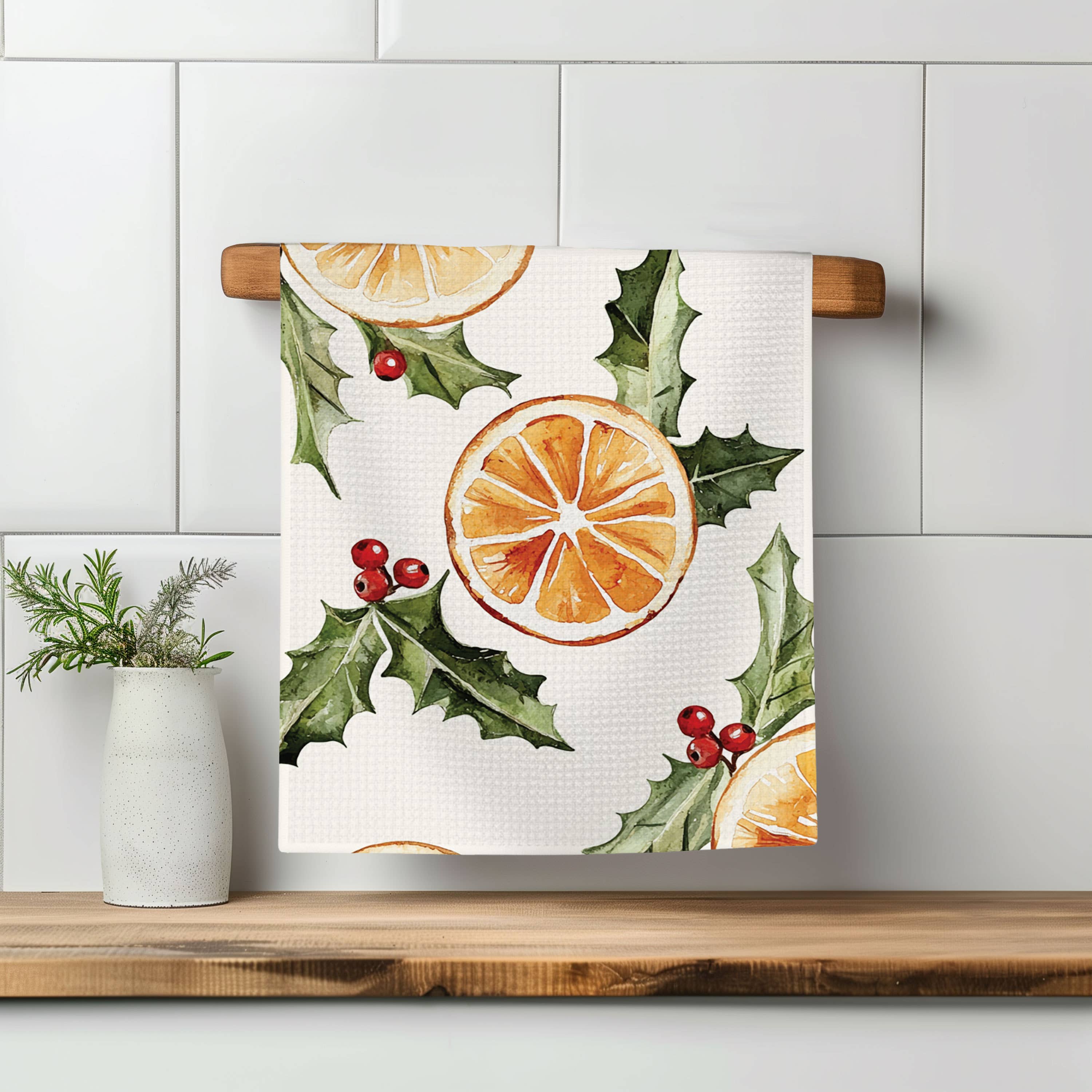 Christmas Orange Berry Mistletoe Towel Waffle Holiday Decor