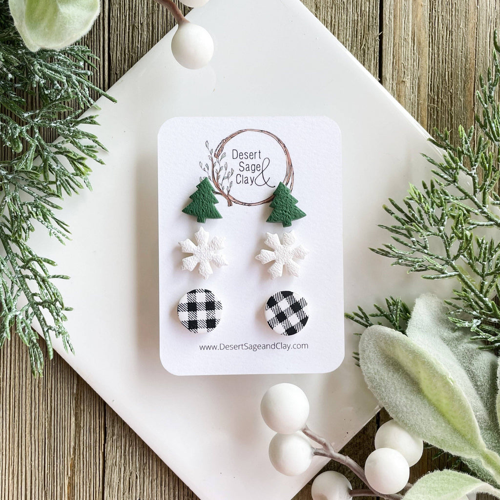 Christmas Earring Tree Stud Pack- Green & White