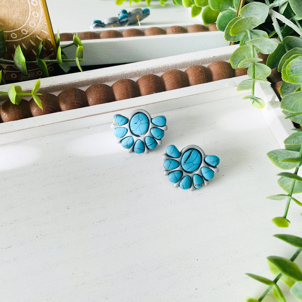 Western Clay Earring Turquoise & Silver Small Squash Blossom