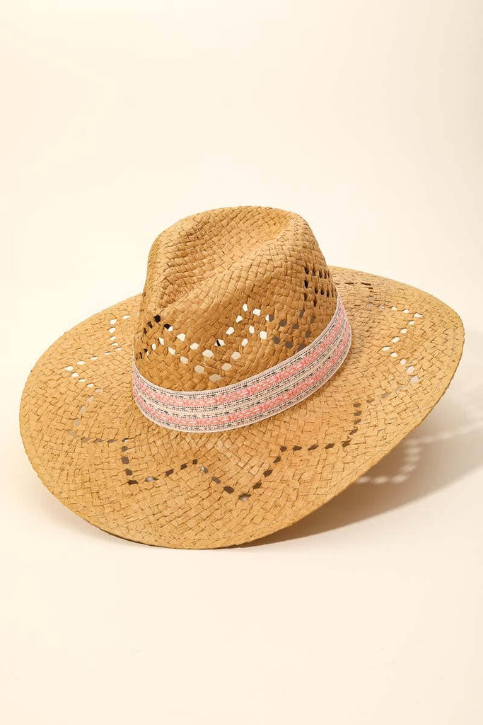 Patterned Brim Straw Sun Hat